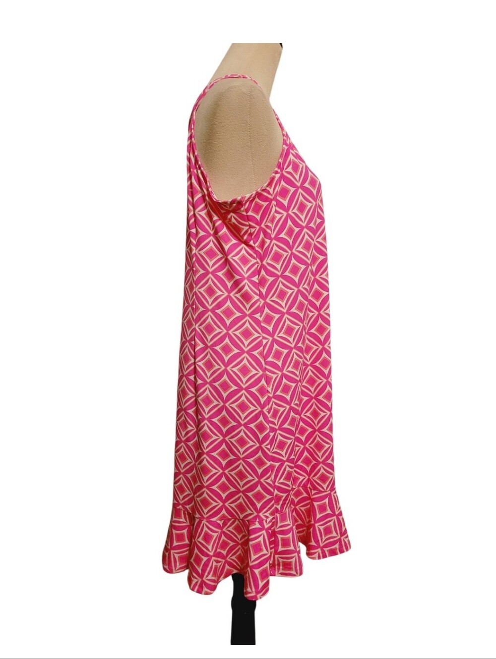 Lulu-B Women's SZ Large Pink Geometric Ruffle Hem Dress Stretch Coastal Grandma - Picture 4 of 10